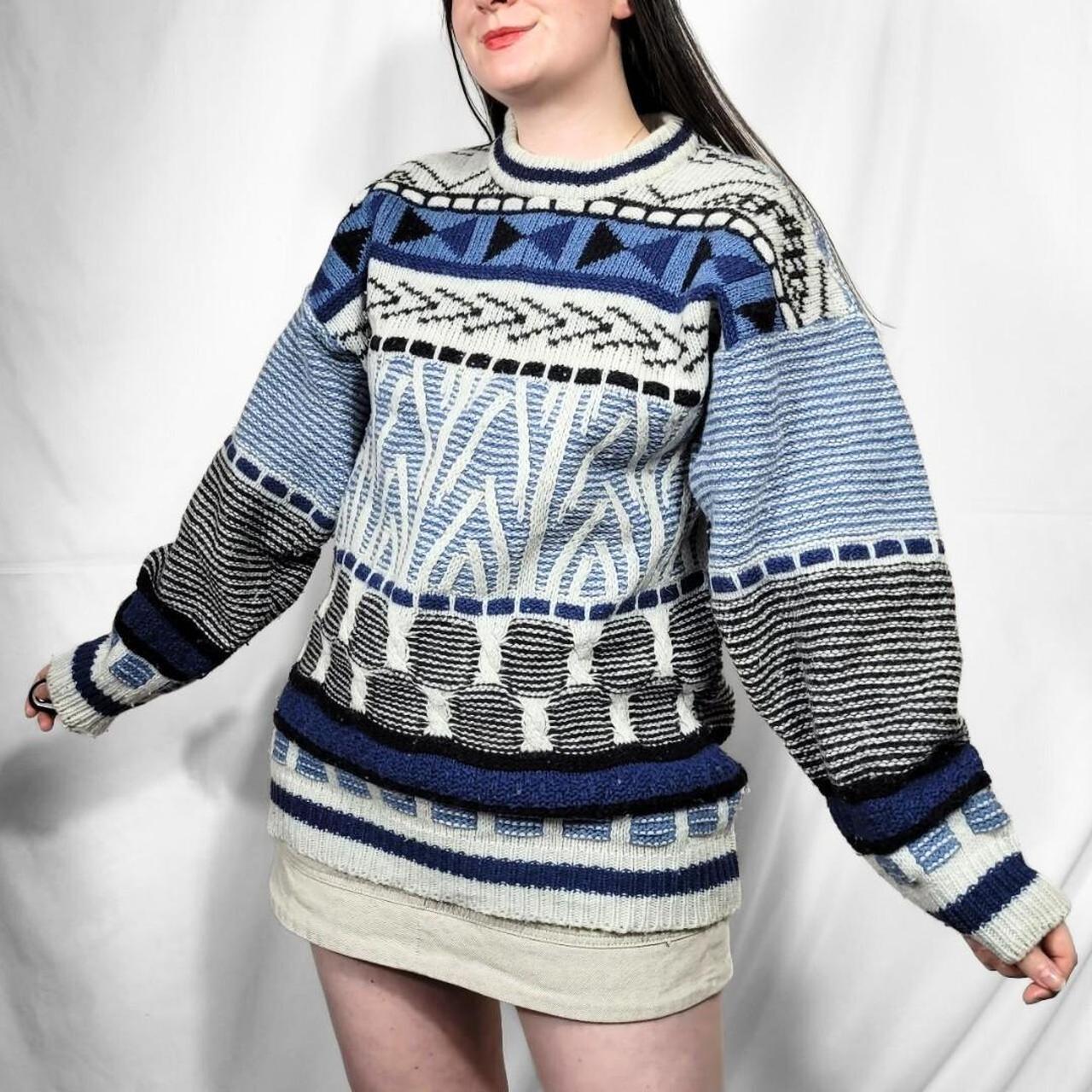 Vintage 90s Blue Retro Funky Pattern Knit Jumper