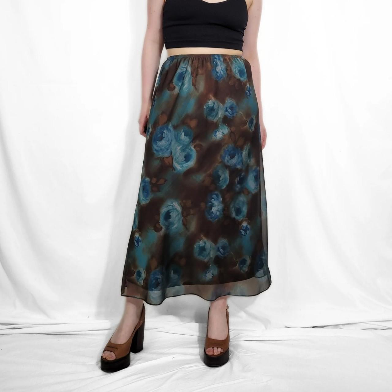Y2K Blue Floral Maxi Skirt with Mesh Overlay