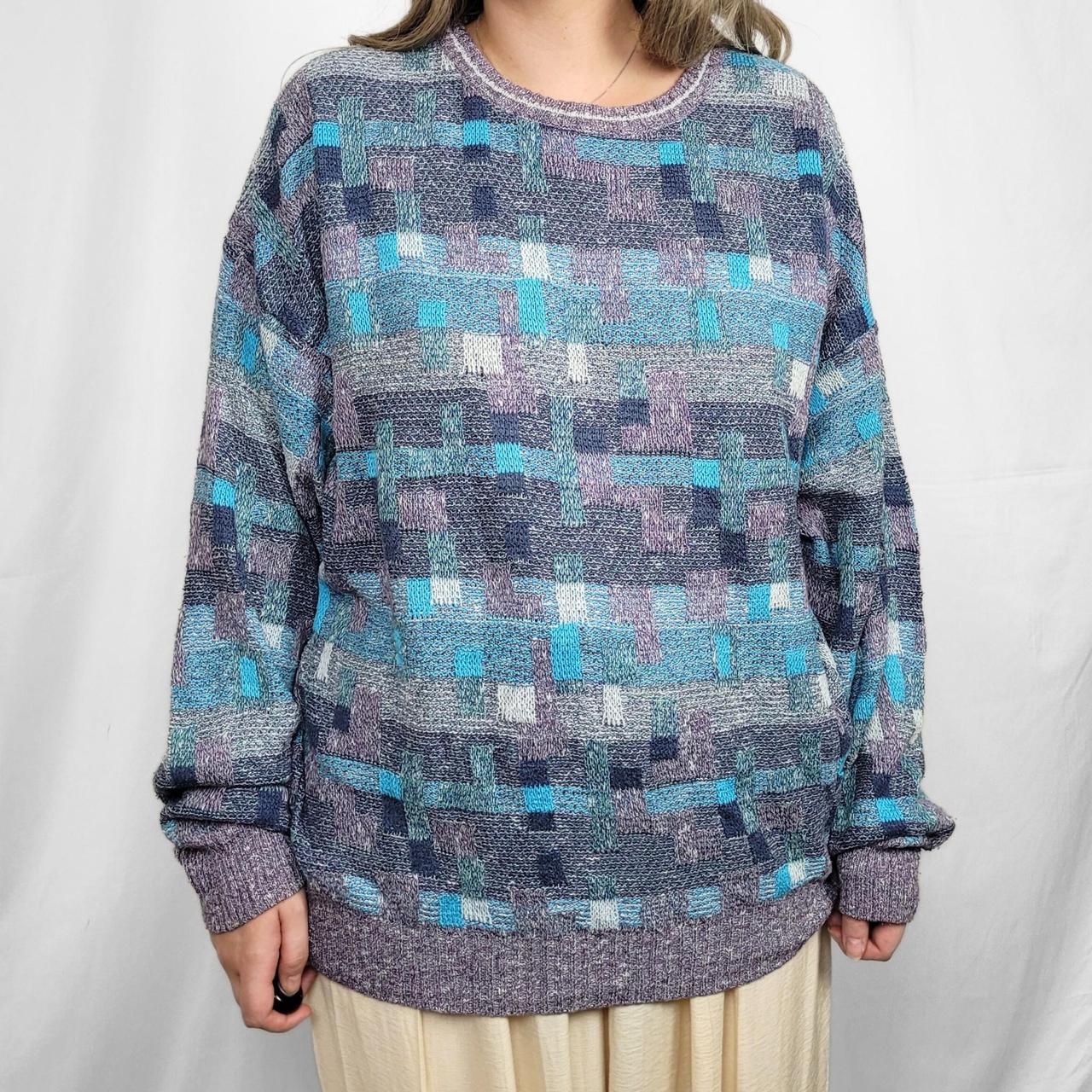 Vintage 90s Blue Retro Graphic Print Knit Jumper