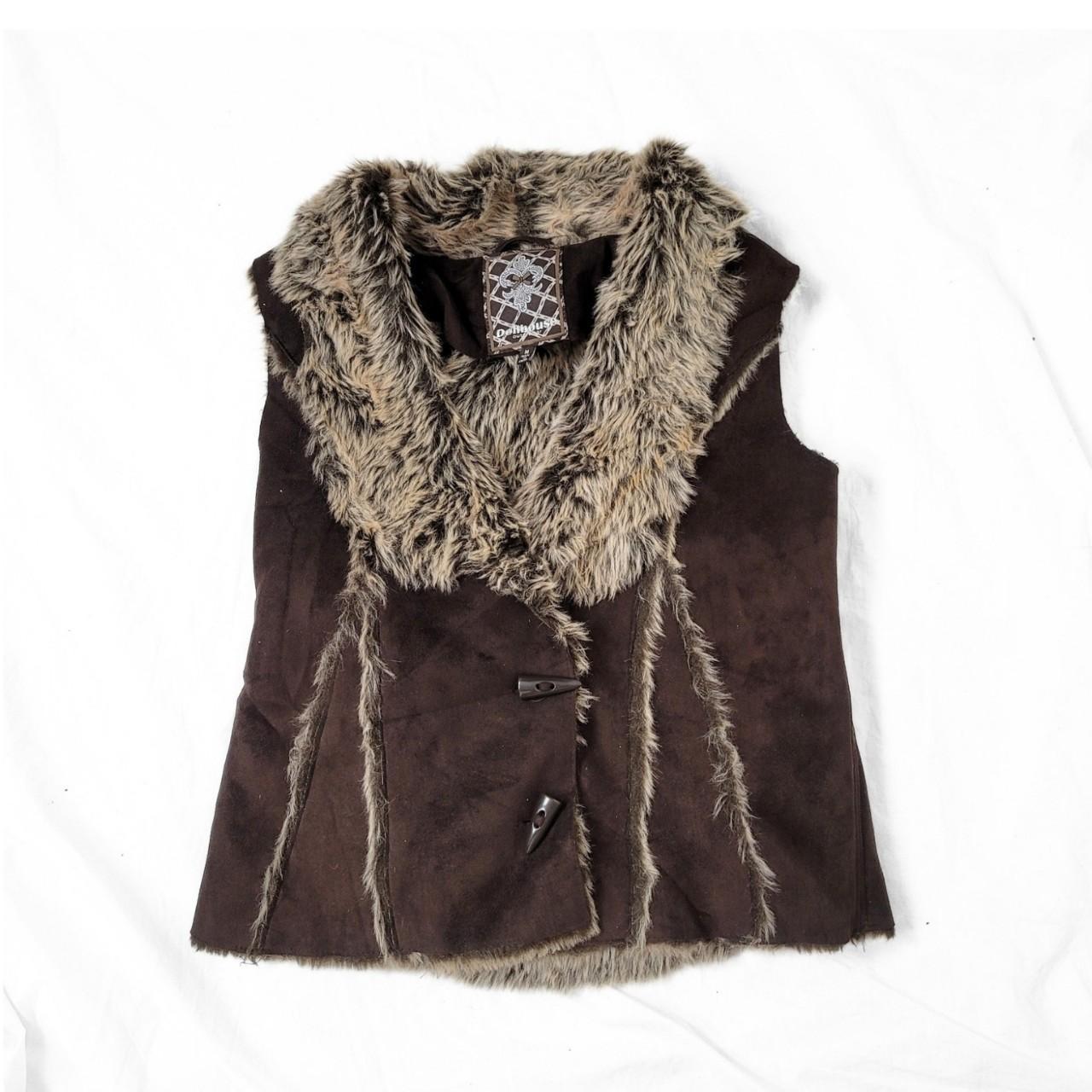 Vintage Y2K Brown Faux Fur Vest – Button-Up Front & Collar