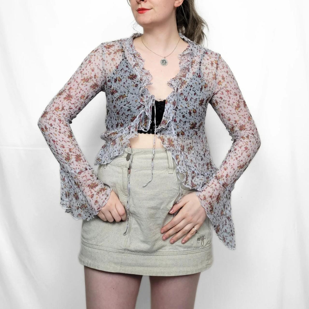 Y2K Blue Floral Mesh Long Sleeve Top with Tie Front