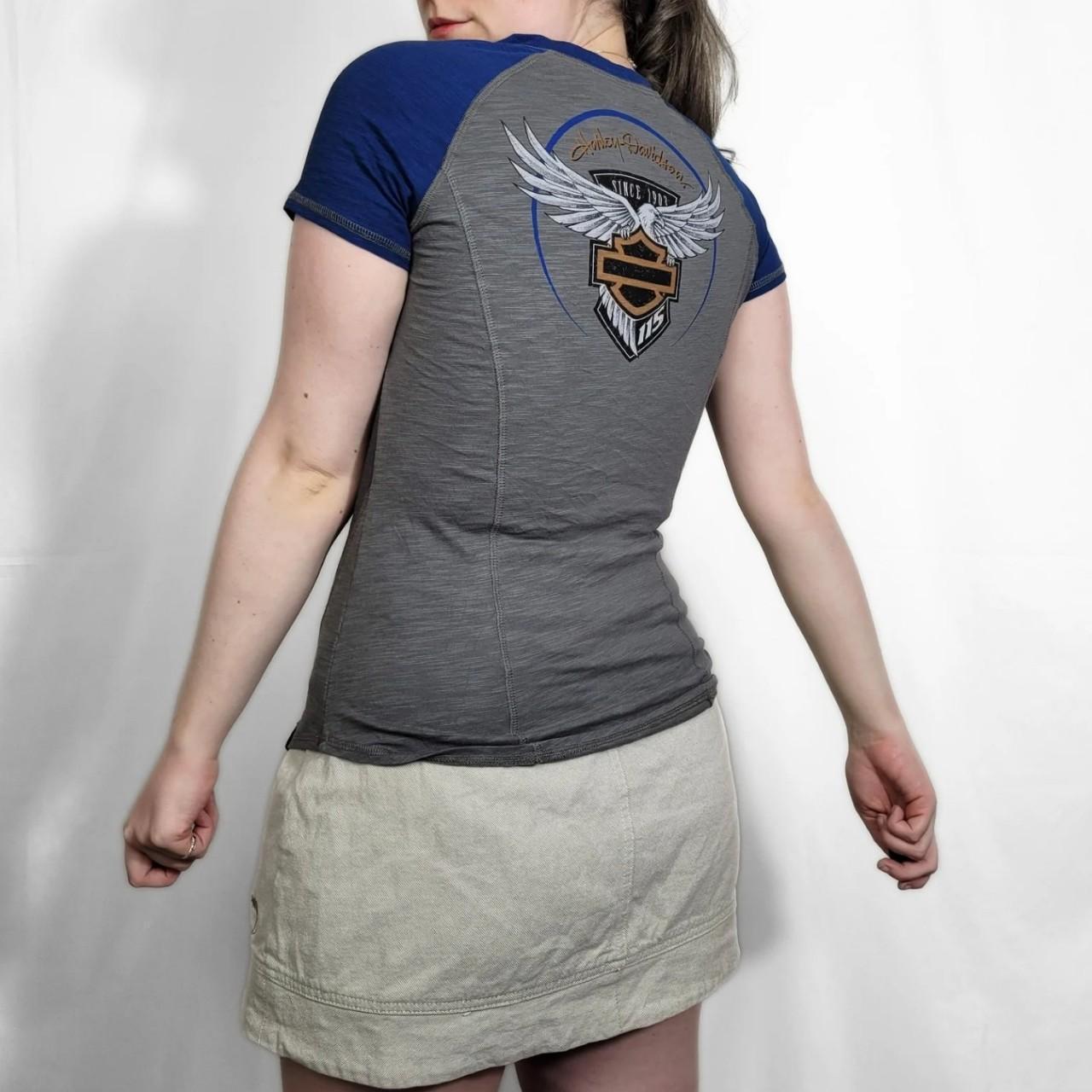 Y2K Harley Davidson Blue & Grey Graphic Racer Tee