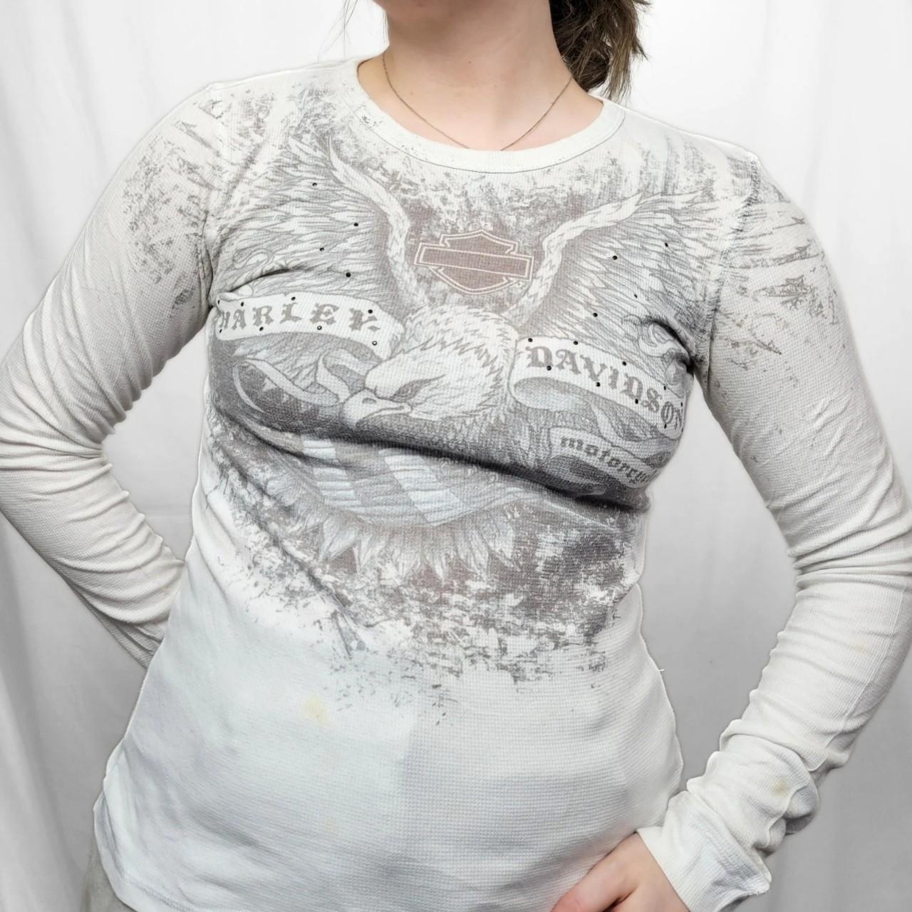 Vintage Y2K Harley Davidson White Graphic Print Long Sleeve Top