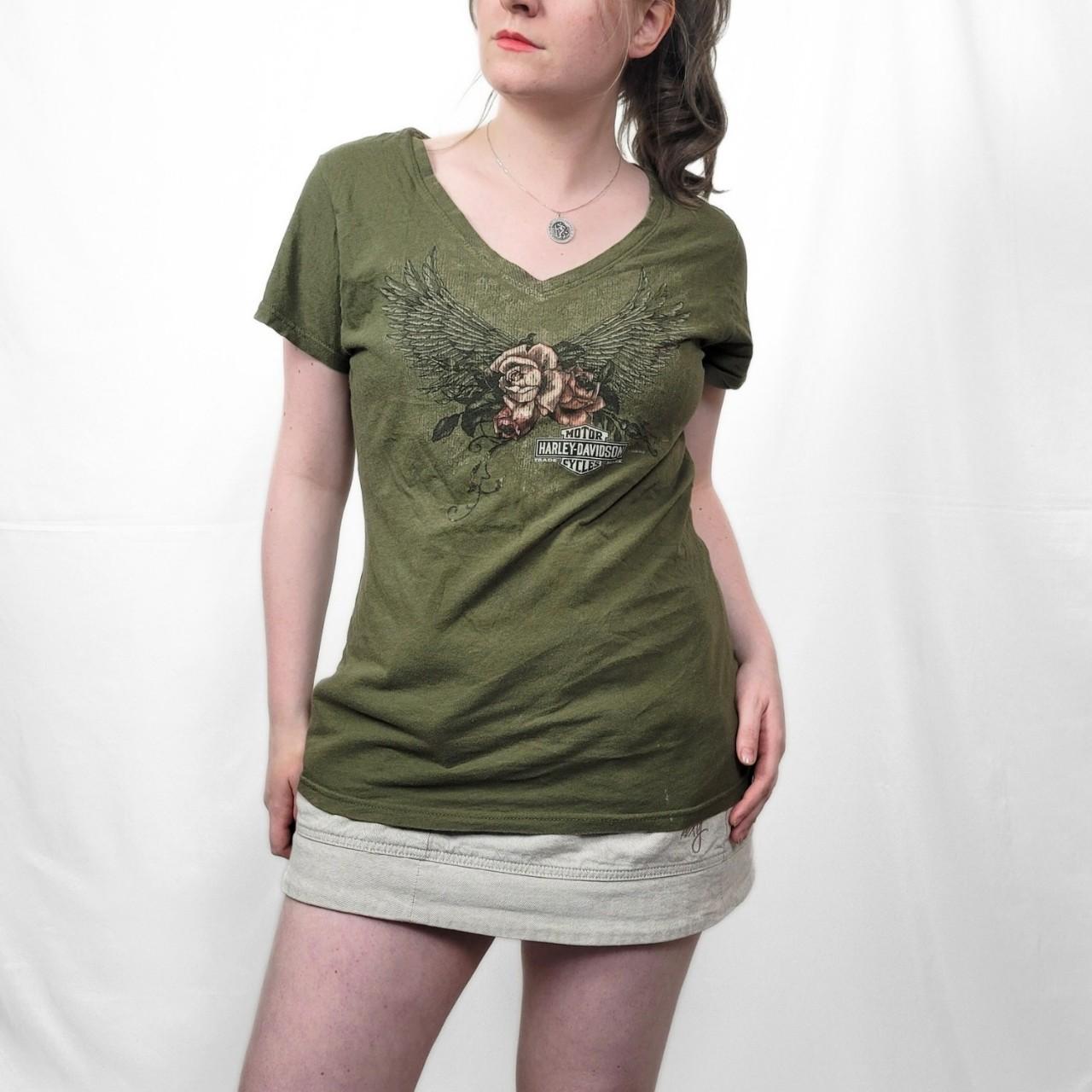 Vintage Y2K Harley Davidson Green Rose Pattern T Shirt
