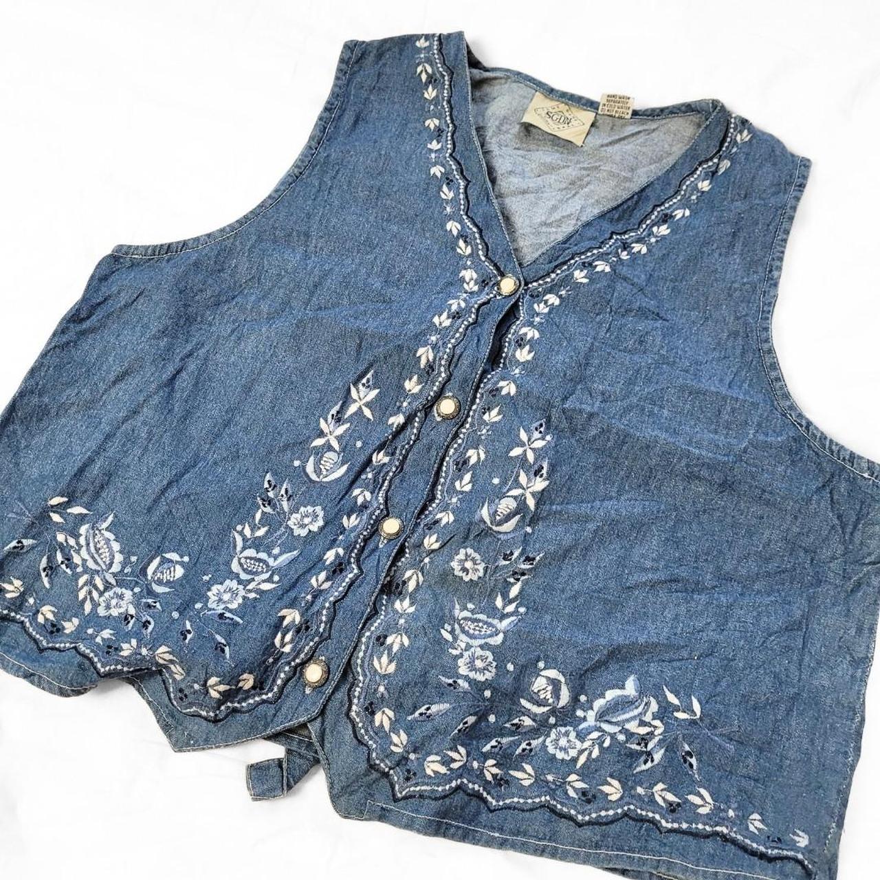 Vintage 90s Denim Waistcoat with Silver & Blue Floral Embroidery