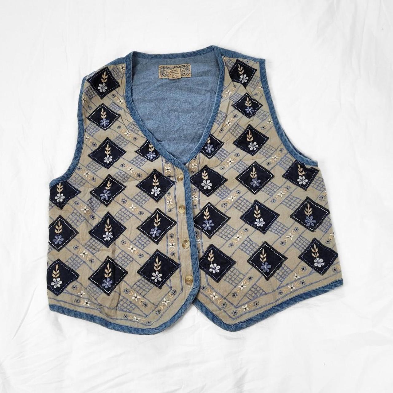 Vintage 90s Denim Waistcoat Vest – Beige & Blue Embroidered Diamonds + Floral