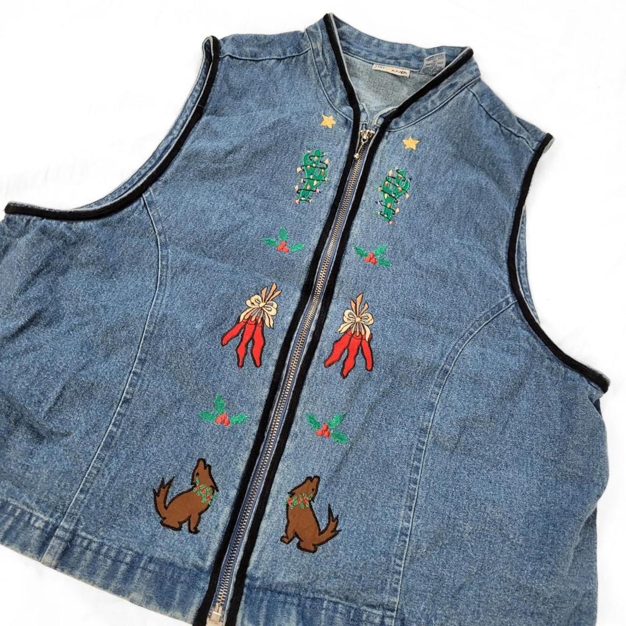 Vintage 90s Denim Waistcoat Vest with Dog, Cactus & Holly Embroidery