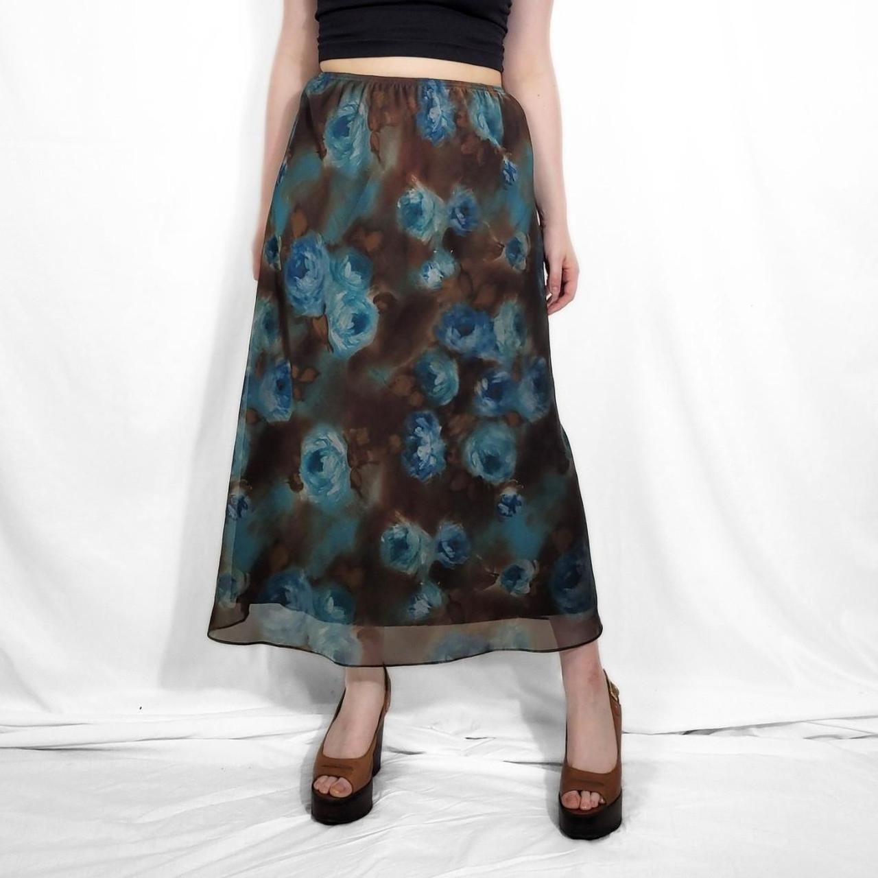 Y2K Blue Floral Maxi Skirt with Mesh Overlay