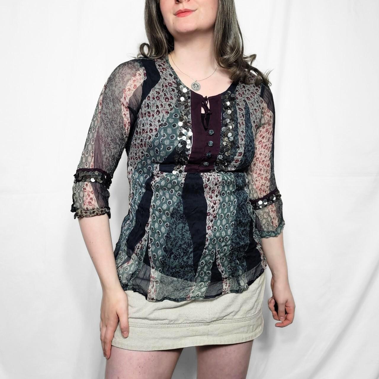 Vintage Y2K Floral Patterned Boho Sheer Top with Sequin Details