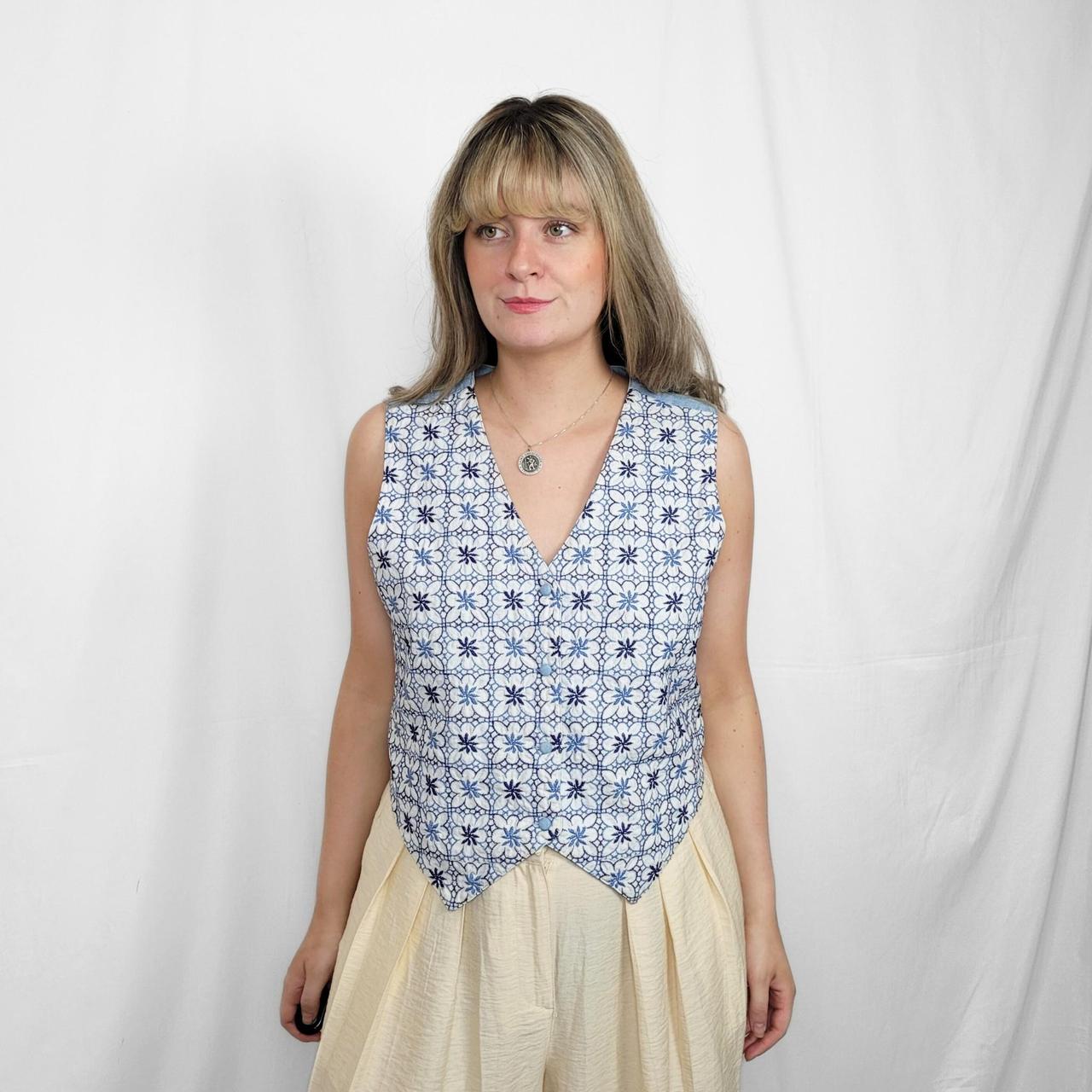 Vintage 90s White & Blue Floral Embroidered Denim & Cotton Vest | Size M