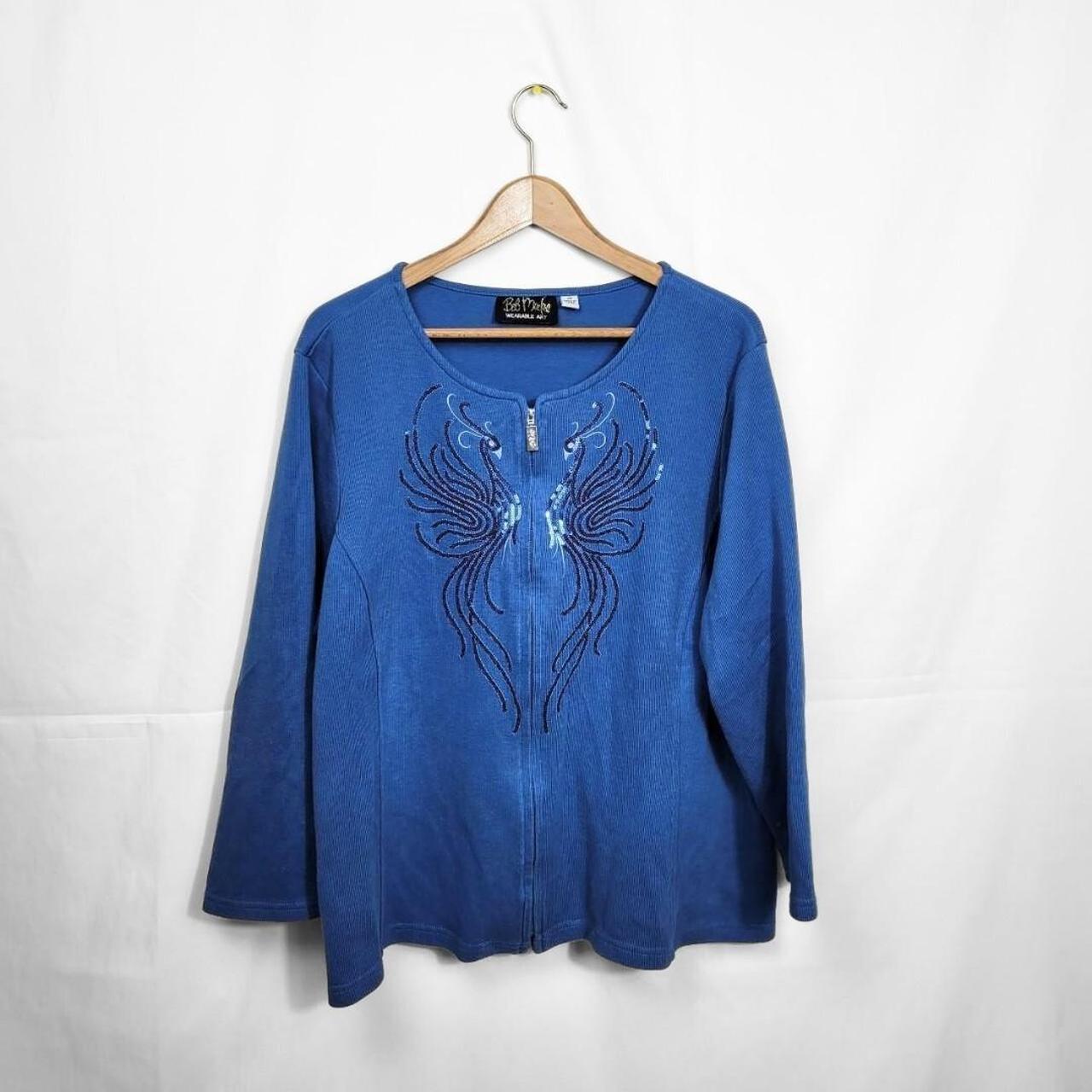 Vintage 90s Bob Mackie Blue Peacock Zip Up Knit Cardigan