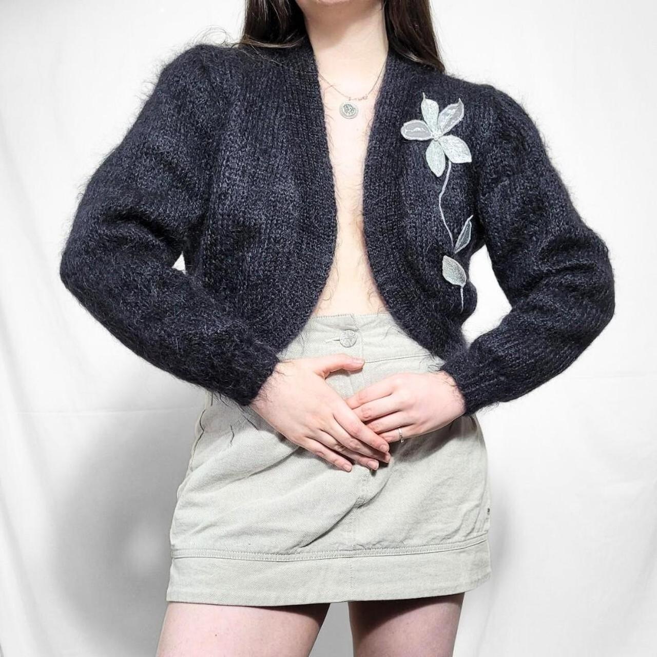 Vintage 90s Black Floral Mohair Cropped Cardigan