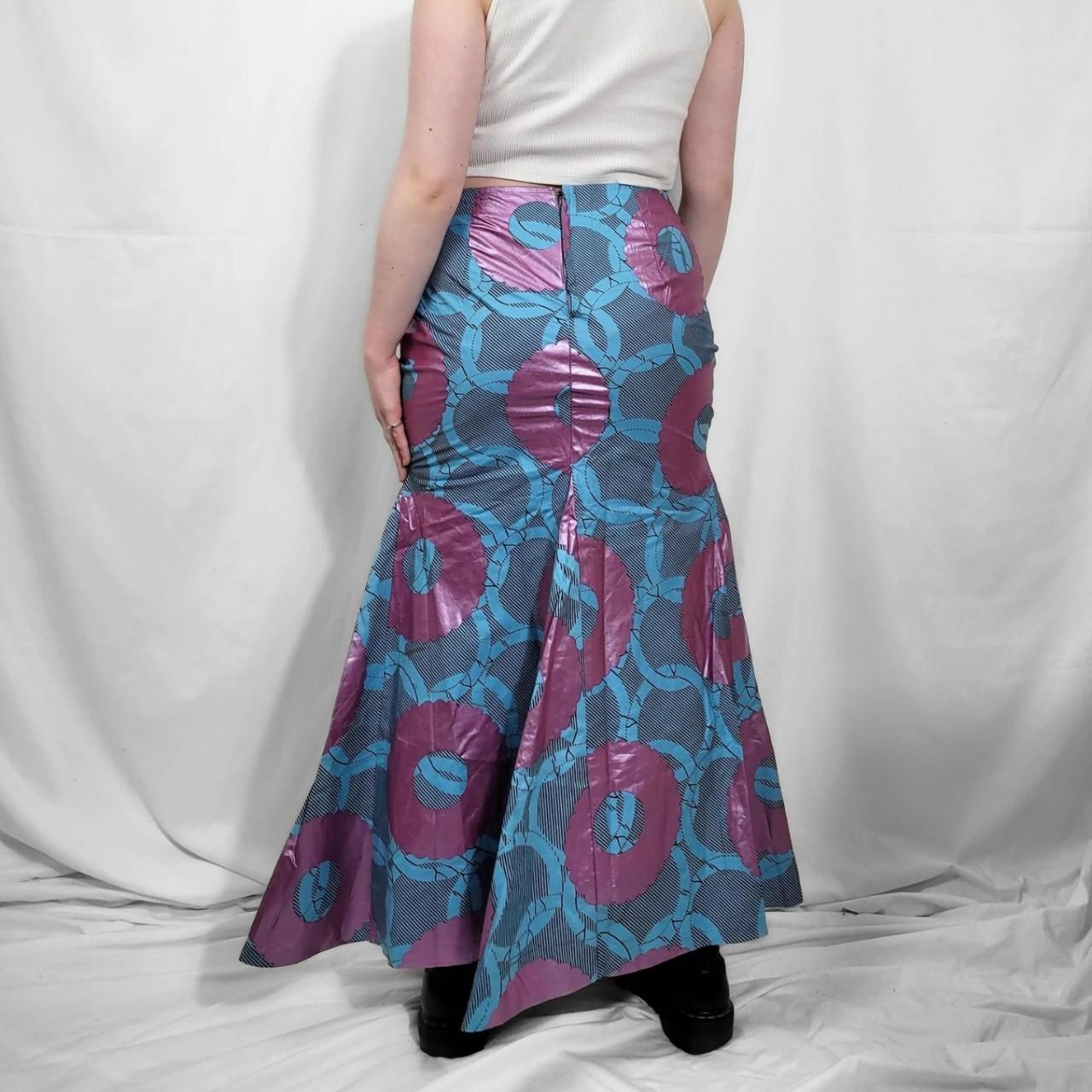 Vintage Y2K Blue & Pink Graphic Fishtail Maxi Skirt – Handmade Beauty