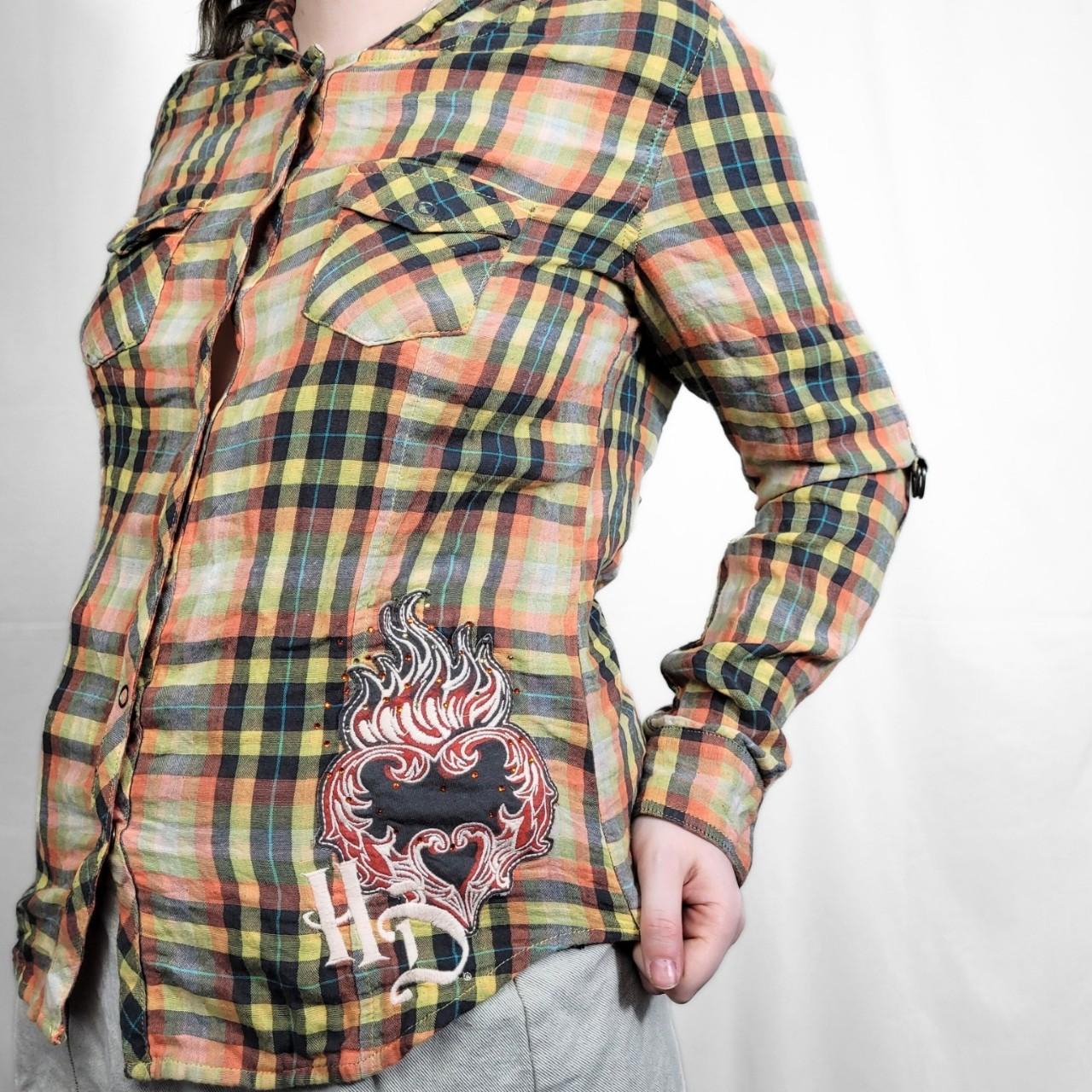 Vintage Y2K Harley Davidson Checked Pattern Long Sleeve Hooded Top