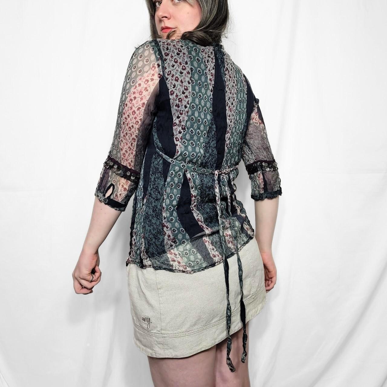 Vintage Y2K Floral Patterned Boho Sheer Top with Sequin Details