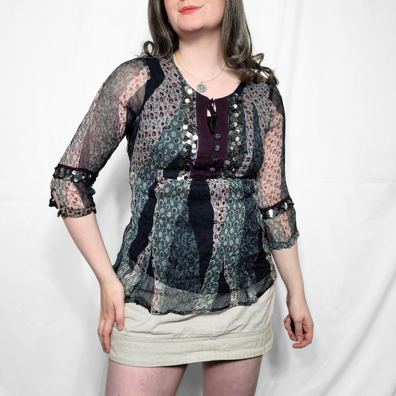 Vintage Y2K Floral Patterned Boho Sheer Top with Sequin Details