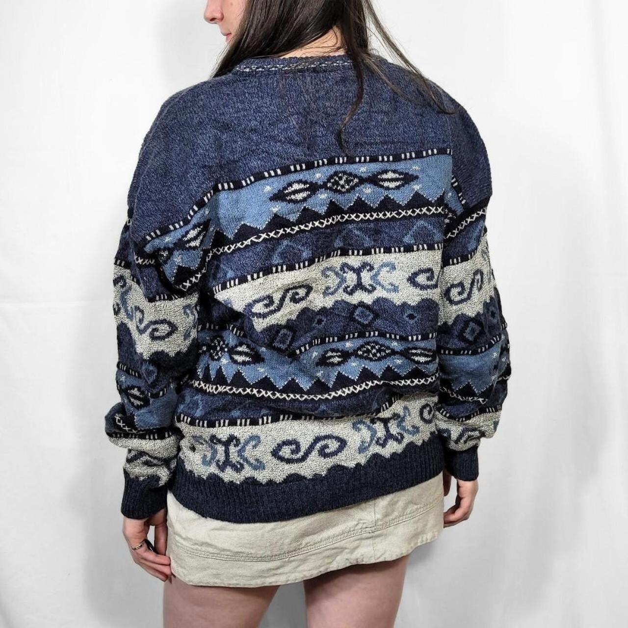 Vintage 90s Blue & White Graphic Pattern Knit Jumper