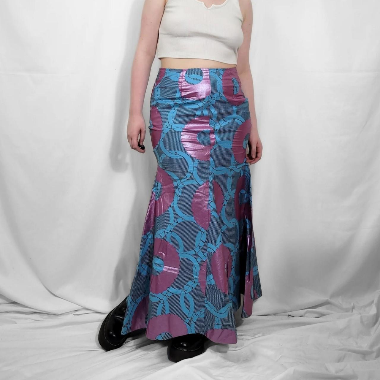 Vintage Y2K Blue & Pink Graphic Fishtail Maxi Skirt – Handmade Beauty
