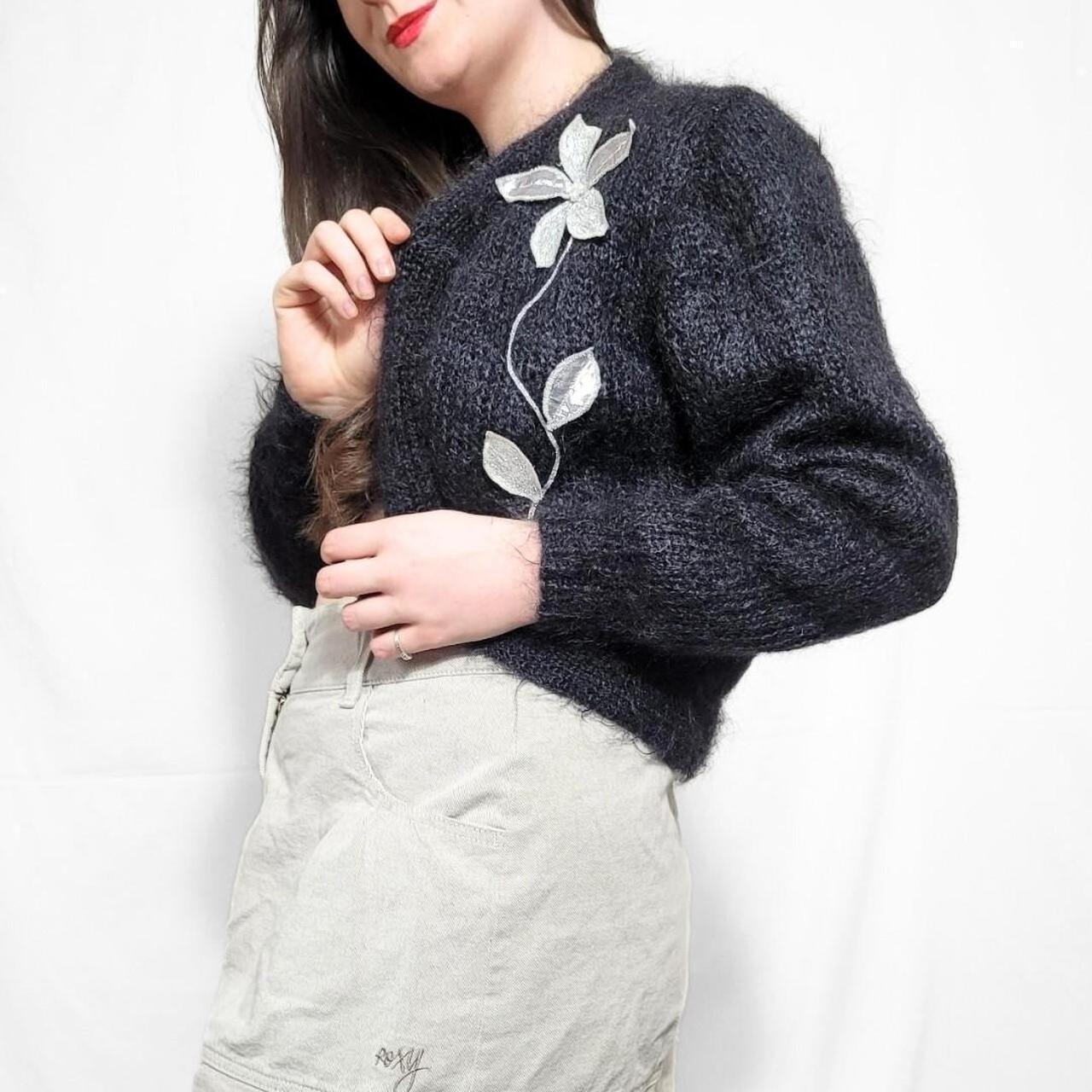 Vintage 90s Black Floral Mohair Cropped Cardigan