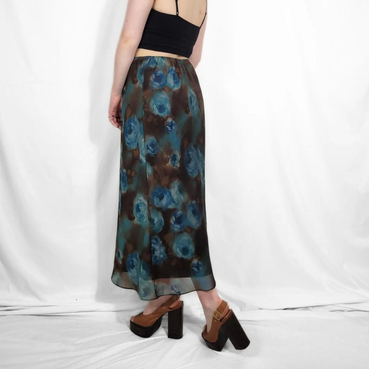 Y2K Blue Floral Maxi Skirt with Mesh Overlay