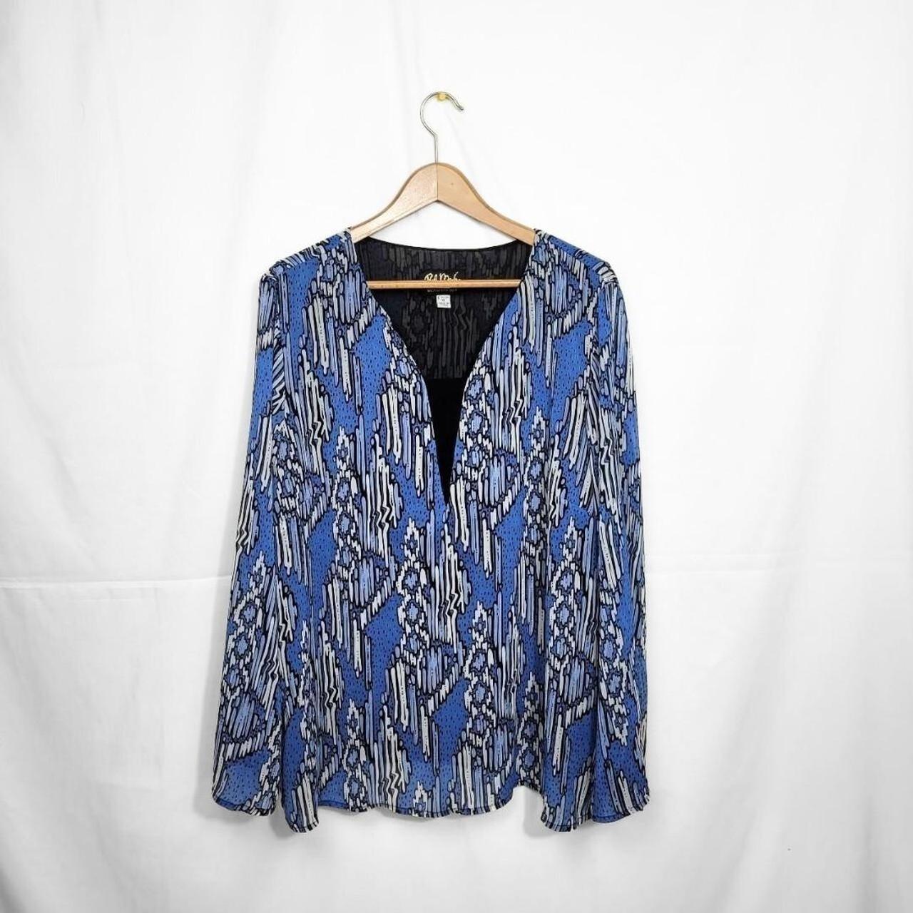 Vintage 90s Blue & White Boho Blouse with Bell Sleeves – Bob Mackie