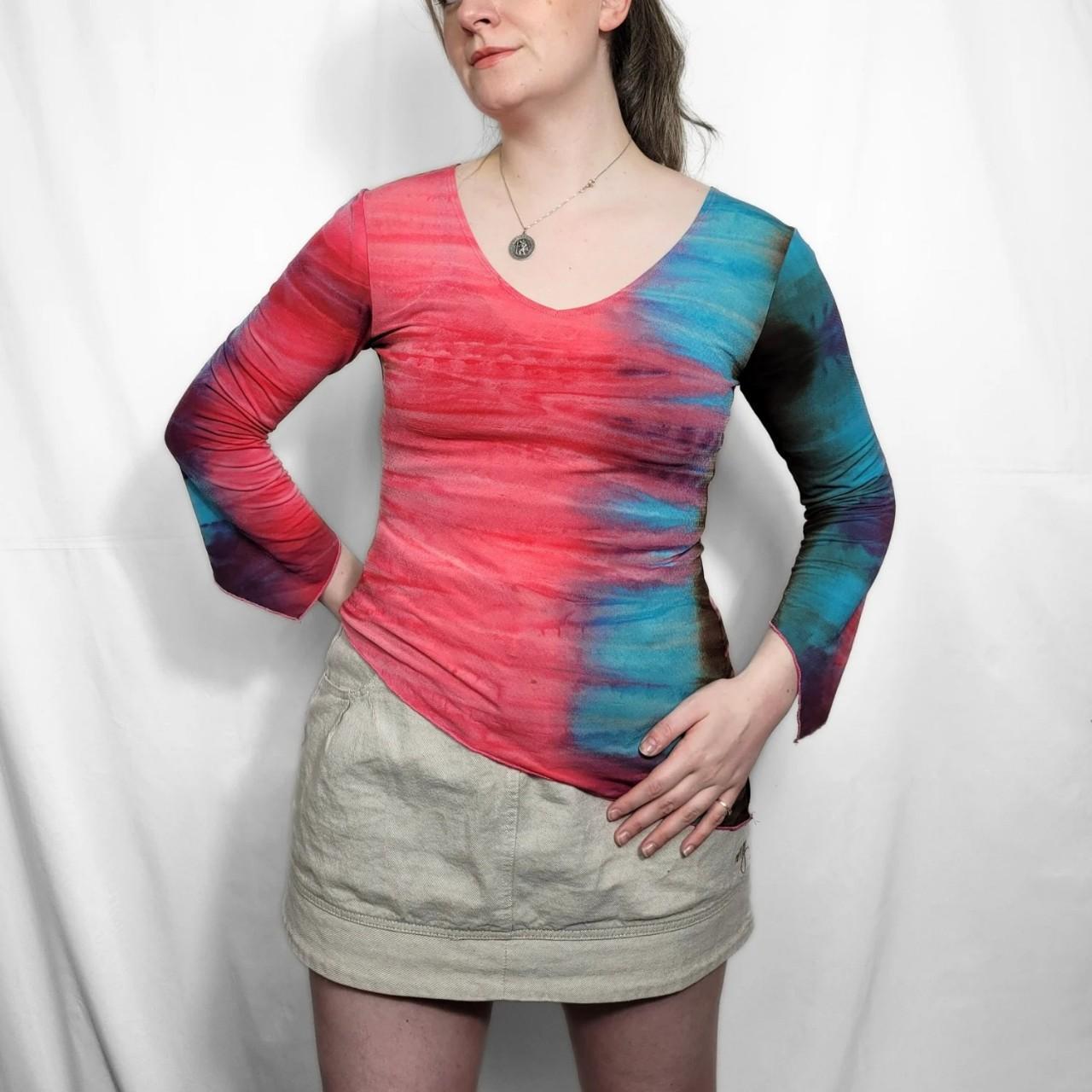 Vintage Y2K Multi-Coloured Tie-Dye Long Sleeve Top with Bell Sleeves | Size M