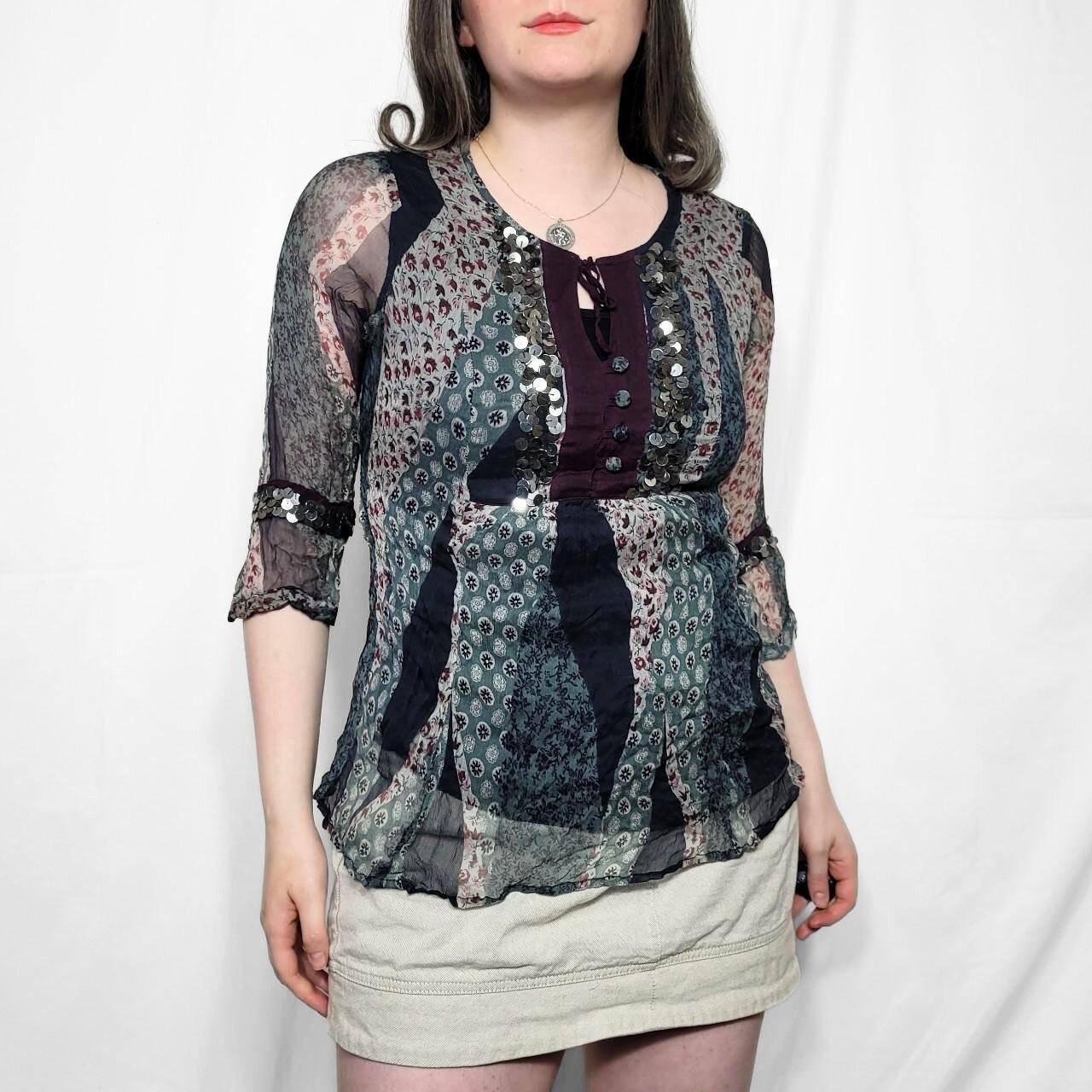 Vintage Y2K Floral Patterned Boho Sheer Top with Sequin Details