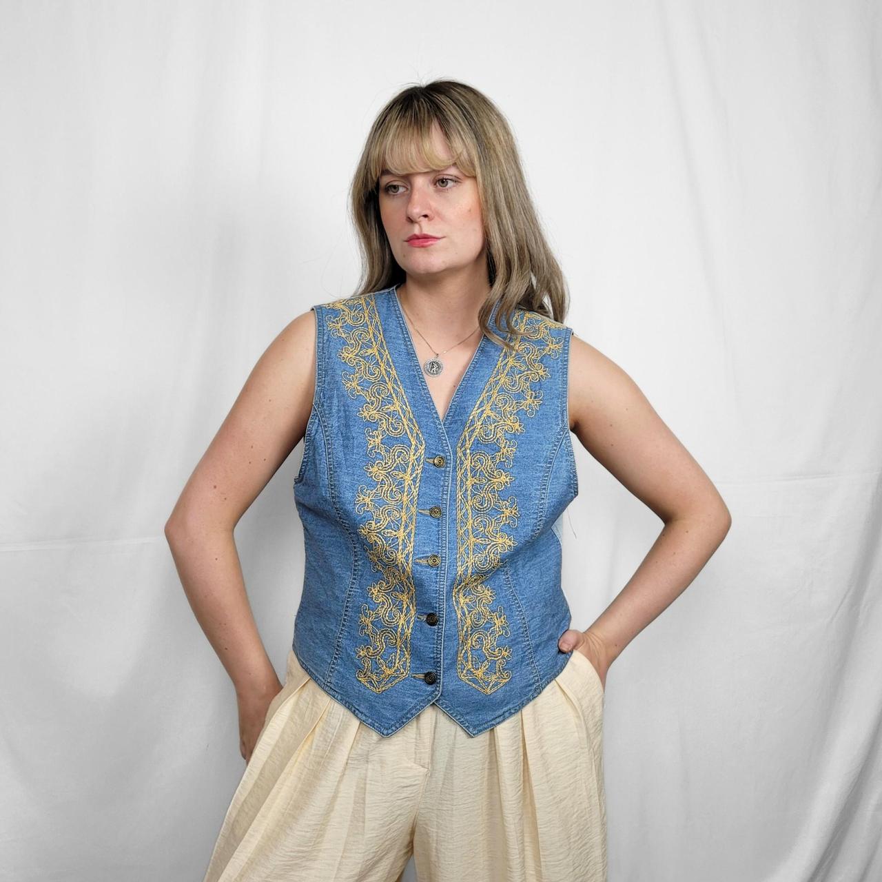 Vintage 90s Light Blue Embroidered Button Down Waistcoat