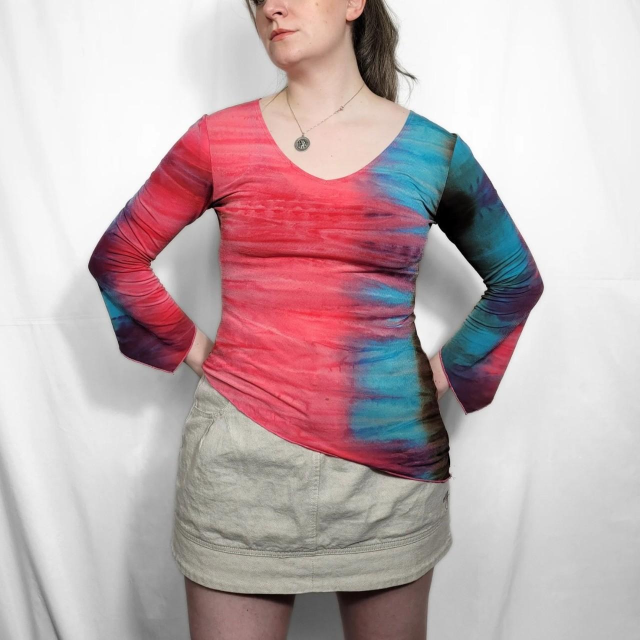 Vintage Y2K Multi-Coloured Tie-Dye Long Sleeve Top with Bell Sleeves | Size M