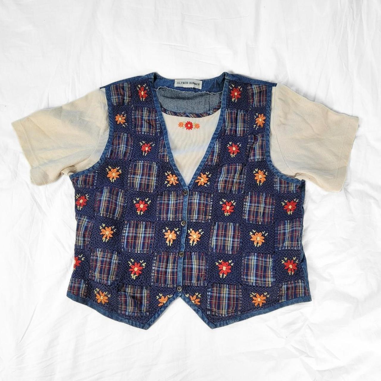 Vintage 90s Denim Waistcoat Vest with Sewn-in T-Shirt and Floral Patchwork Embroidery
