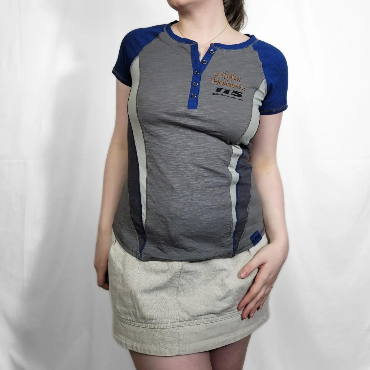 Y2K Harley Davidson Blue & Grey Graphic Racer Tee