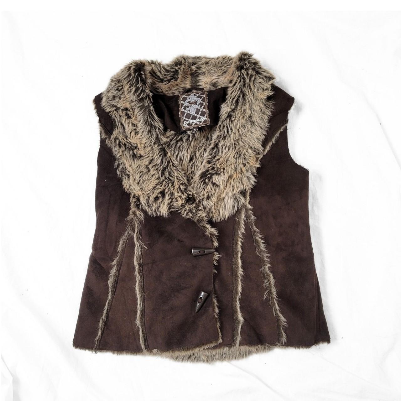 Vintage Y2K Brown Faux Fur Vest – Button-Up Front & Collar