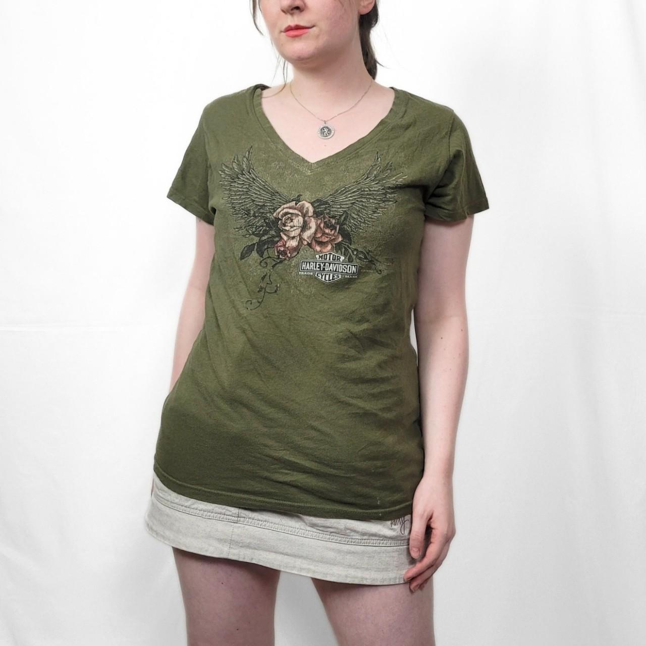 Vintage Y2K Harley Davidson Green Rose Pattern T Shirt