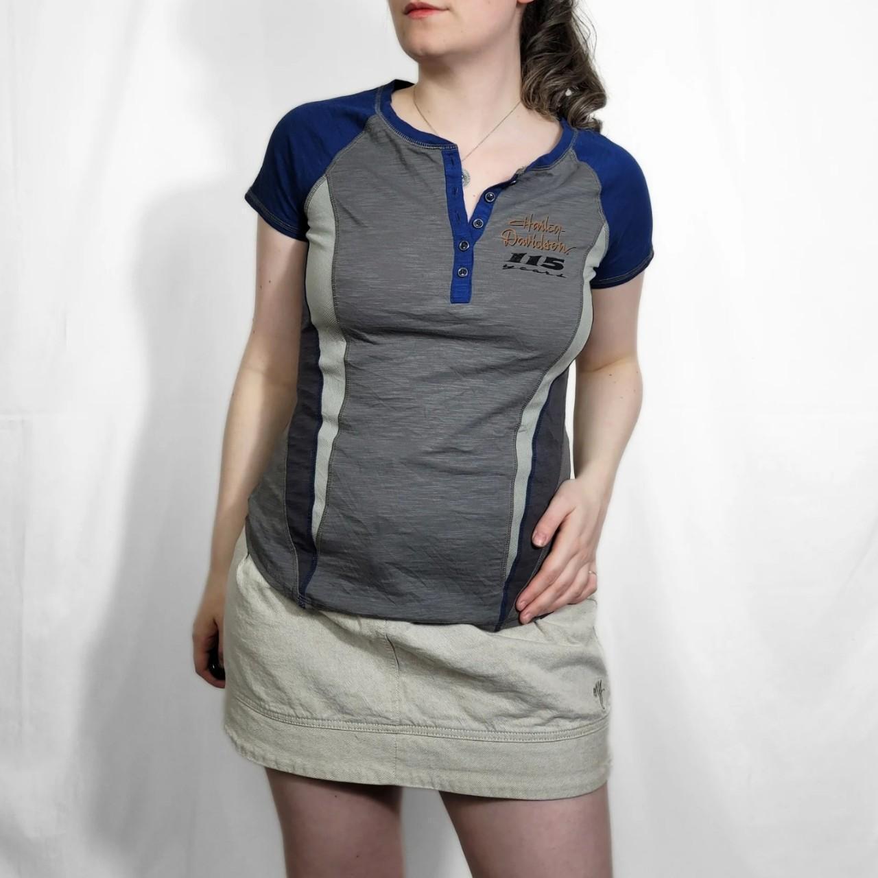 Y2K Harley Davidson Blue & Grey Graphic Racer Tee