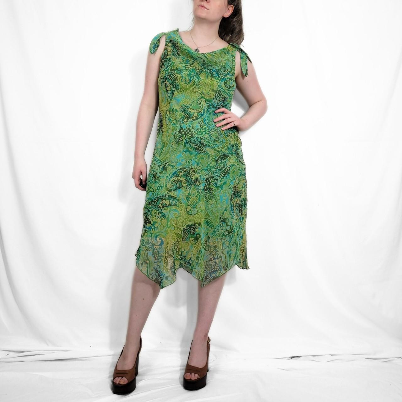 Y2K Green Paisley Sheer Midi Dress – Asymmetrical Hem & Tie Straps