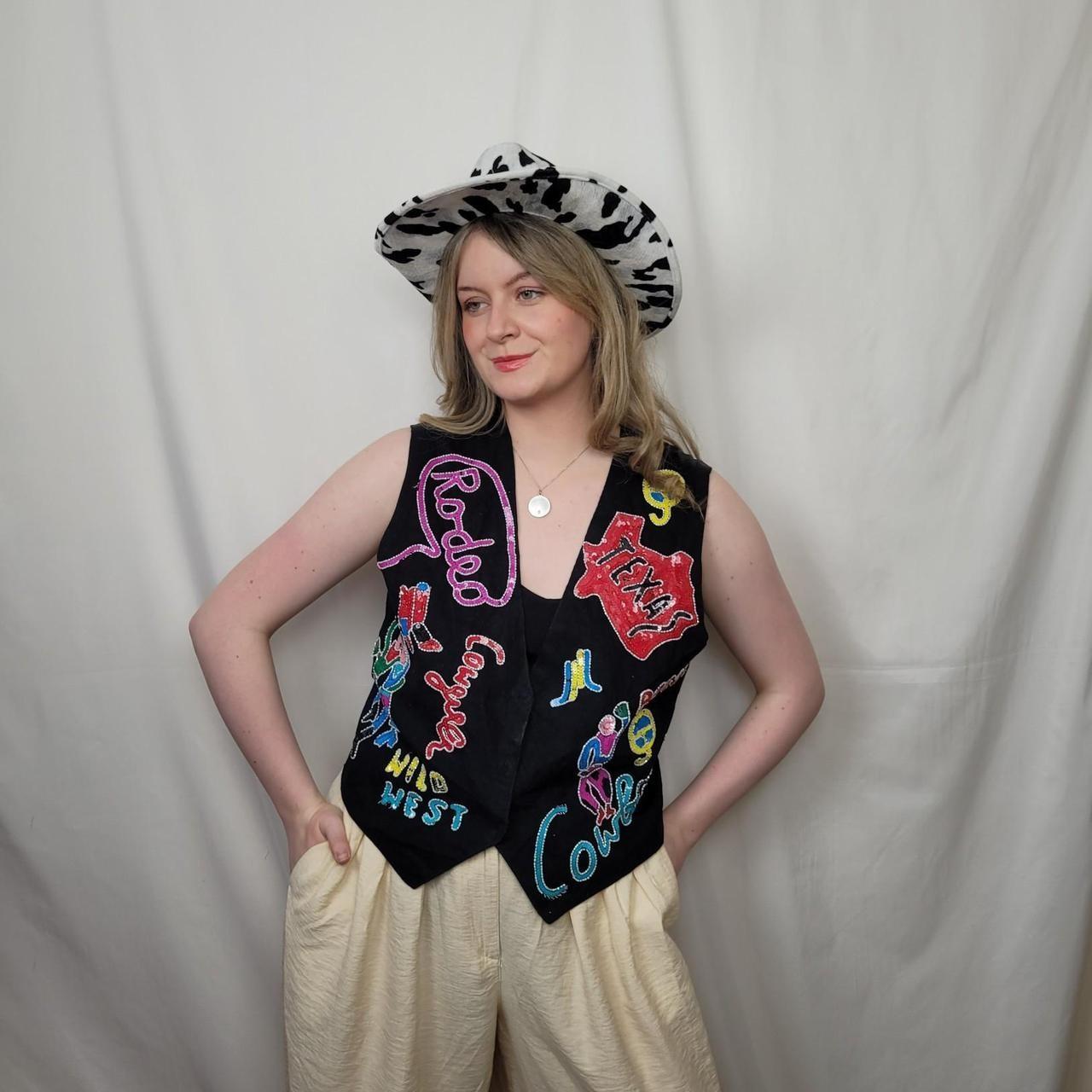 Y2K Black Neon Embroidery Waistcoat S Western – Wild West Cowgirl Graffiti Festival Rodeo Texas Size 8