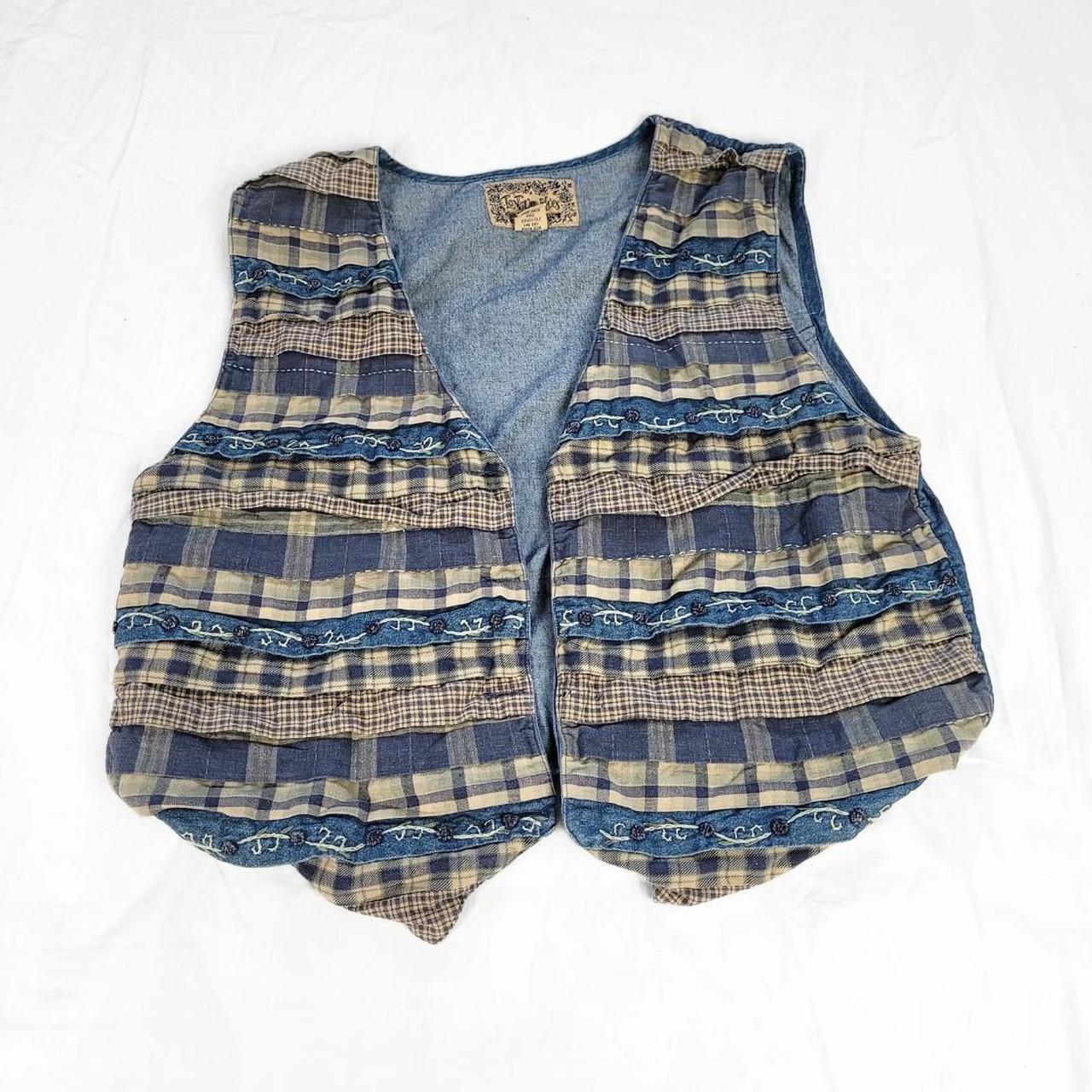 Vintage 90s Denim Waistcoat – Cottage Plaid Lapels