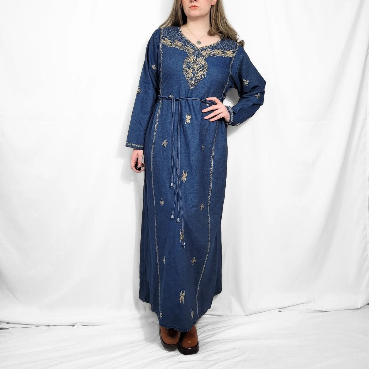 Vintage 90s Blue Denim Western Kaftan Maxi Dress
