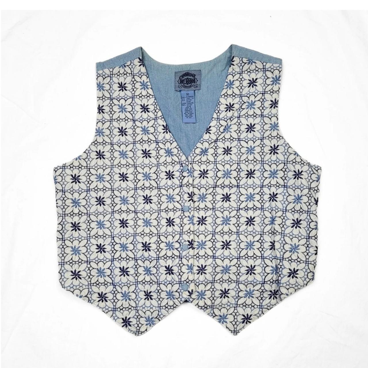 Vintage 90s White & Blue Floral Embroidered Denim & Cotton Vest | Size M