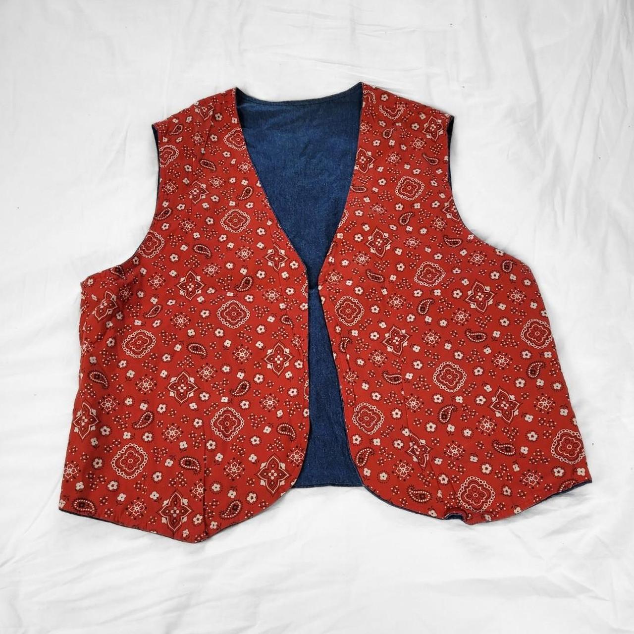 Vintage 90s Denim Waistcoat Vest – Reversible Red Paisley & Blue Denim