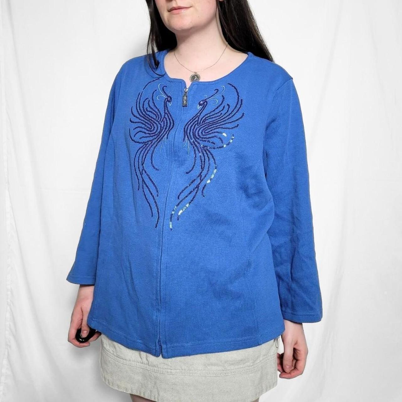 Vintage 90s Bob Mackie Blue Peacock Zip Up Knit Cardigan