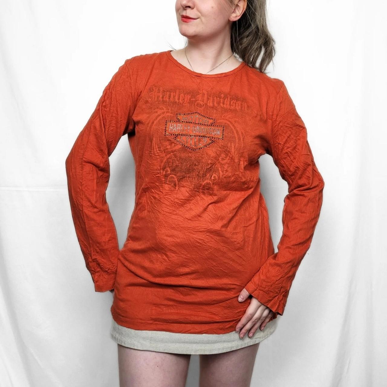 Vintage Y2K Harley Davidson Orange Graphic Long Sleeve Top