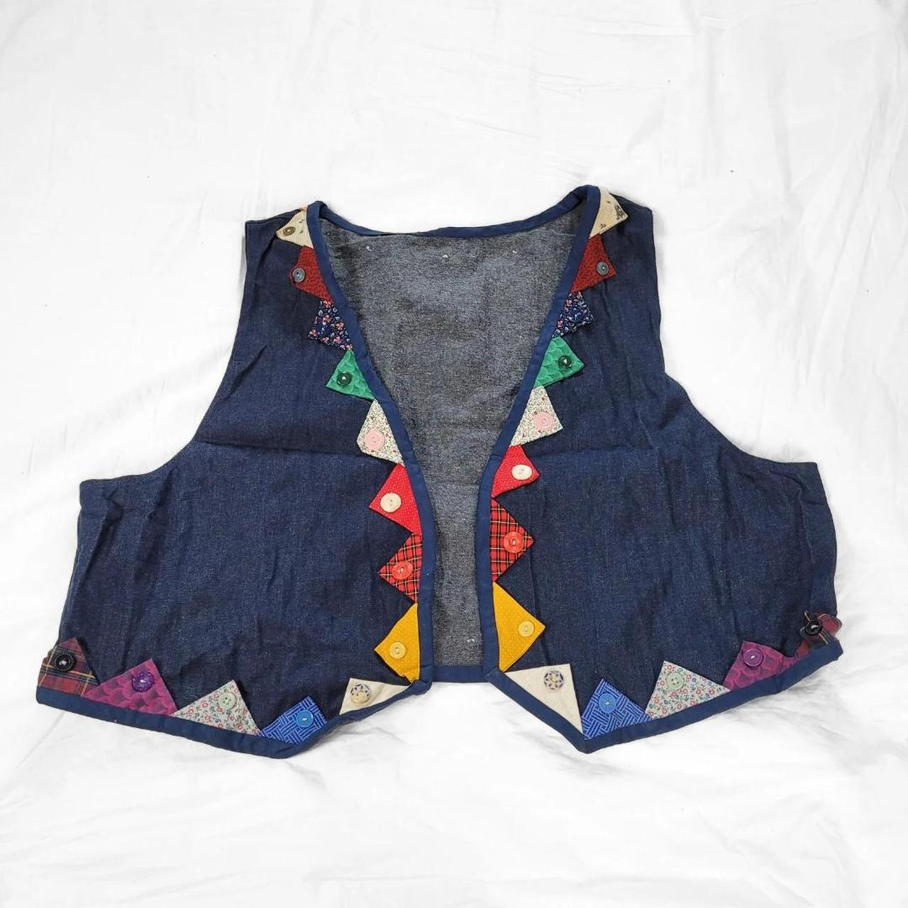 Vintage 90s Denim Waistcoat Vest with Rainbow Triangle Detail