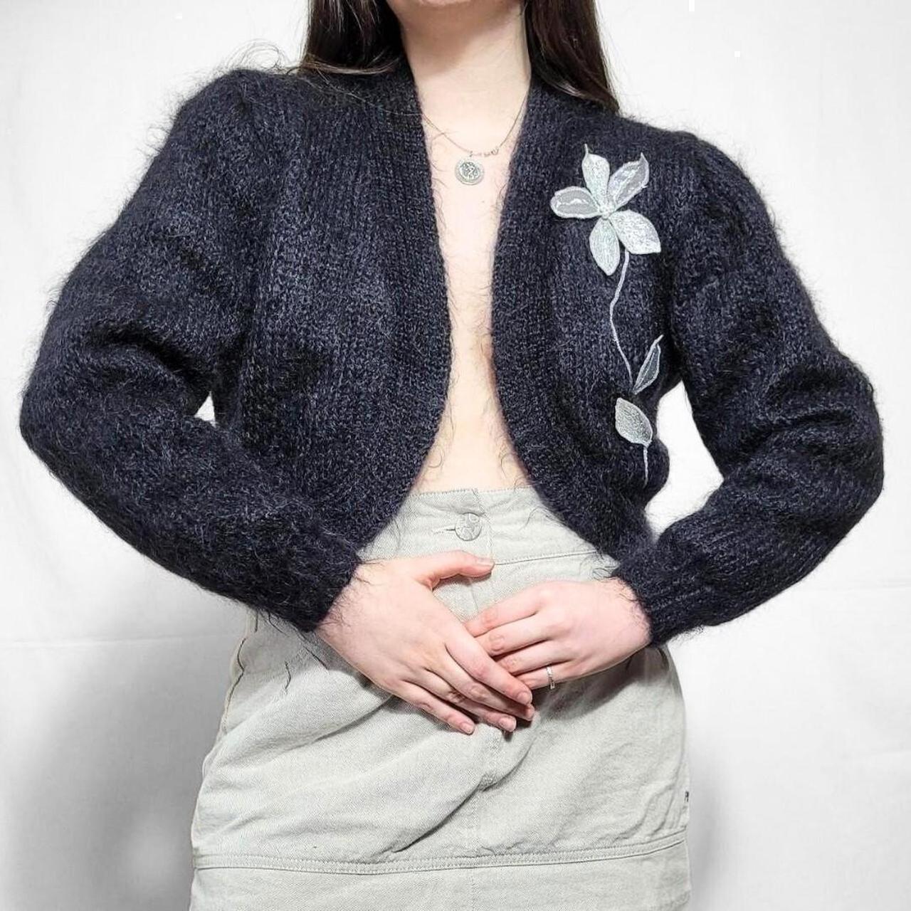 Vintage 90s Black Floral Mohair Cropped Cardigan