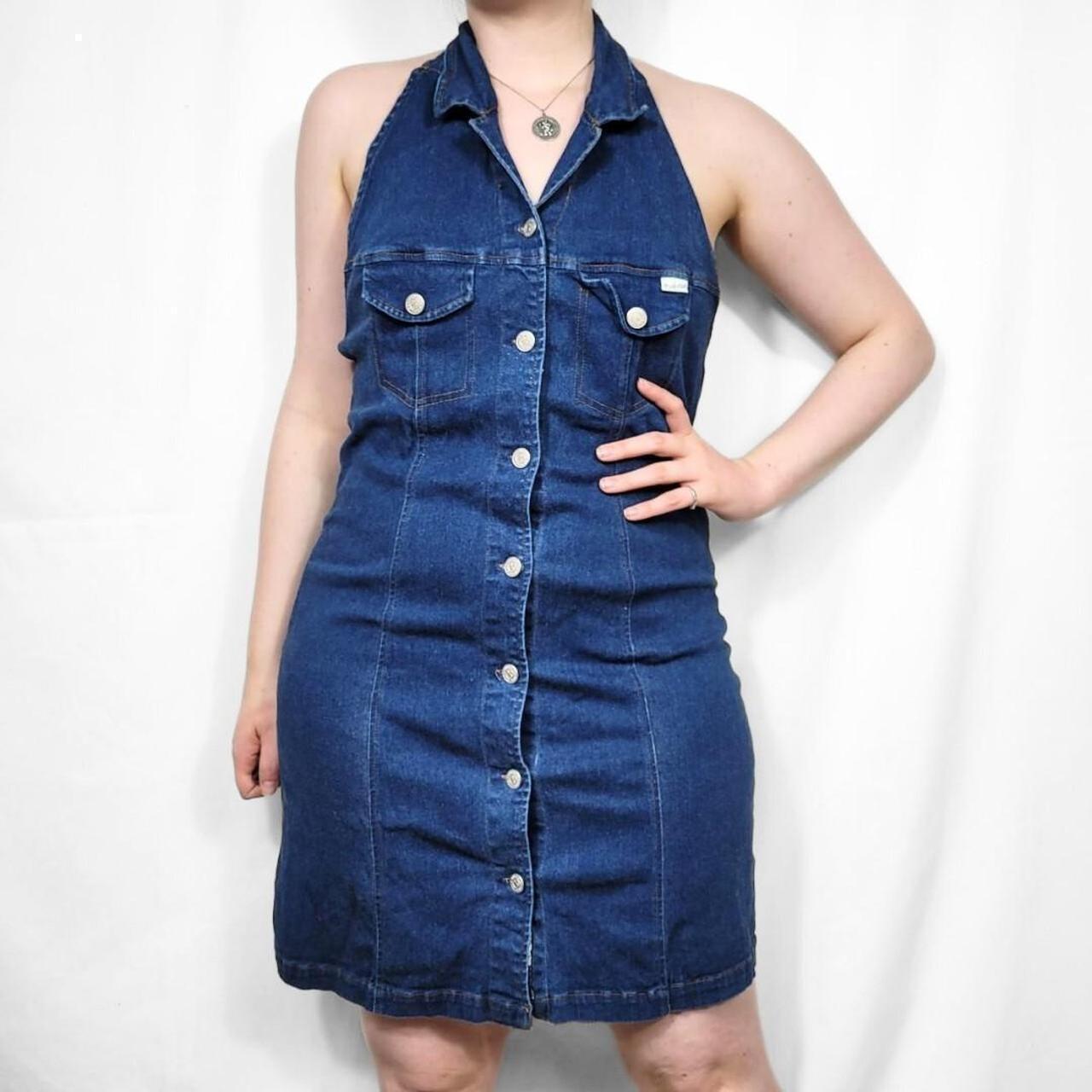Vintage 90s Denim Halterneck Midi Dress