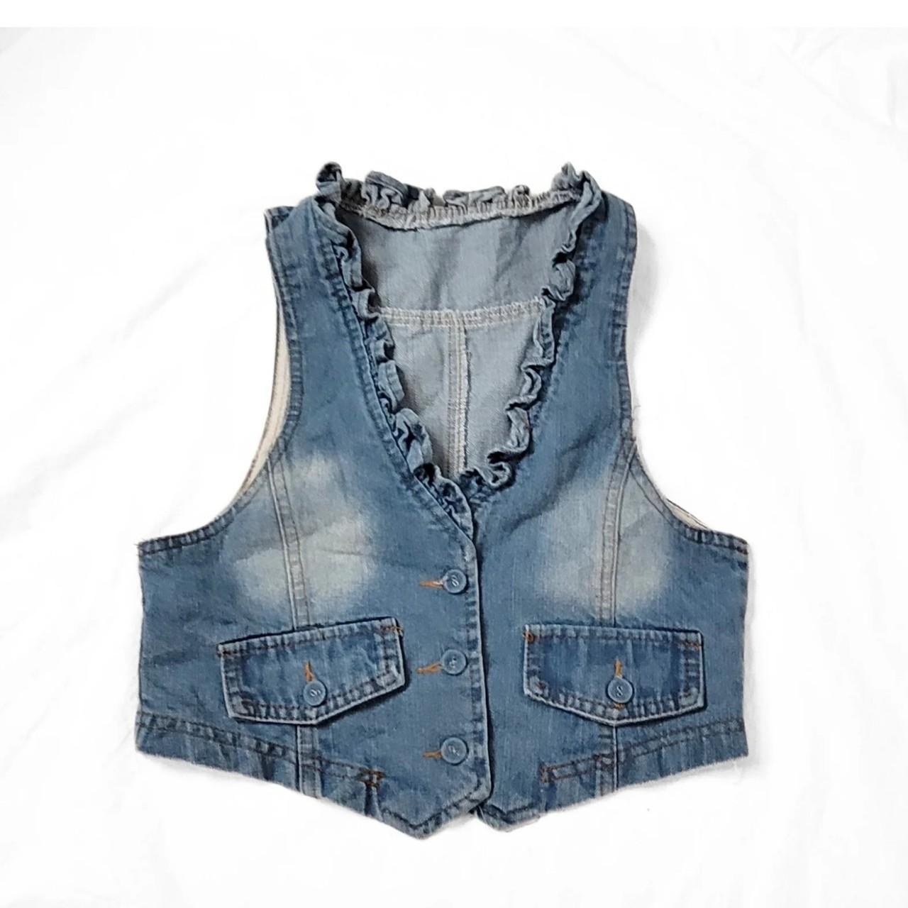 Vintage Y2K Light Blue Ruffle Denim Waistcoat / Vest