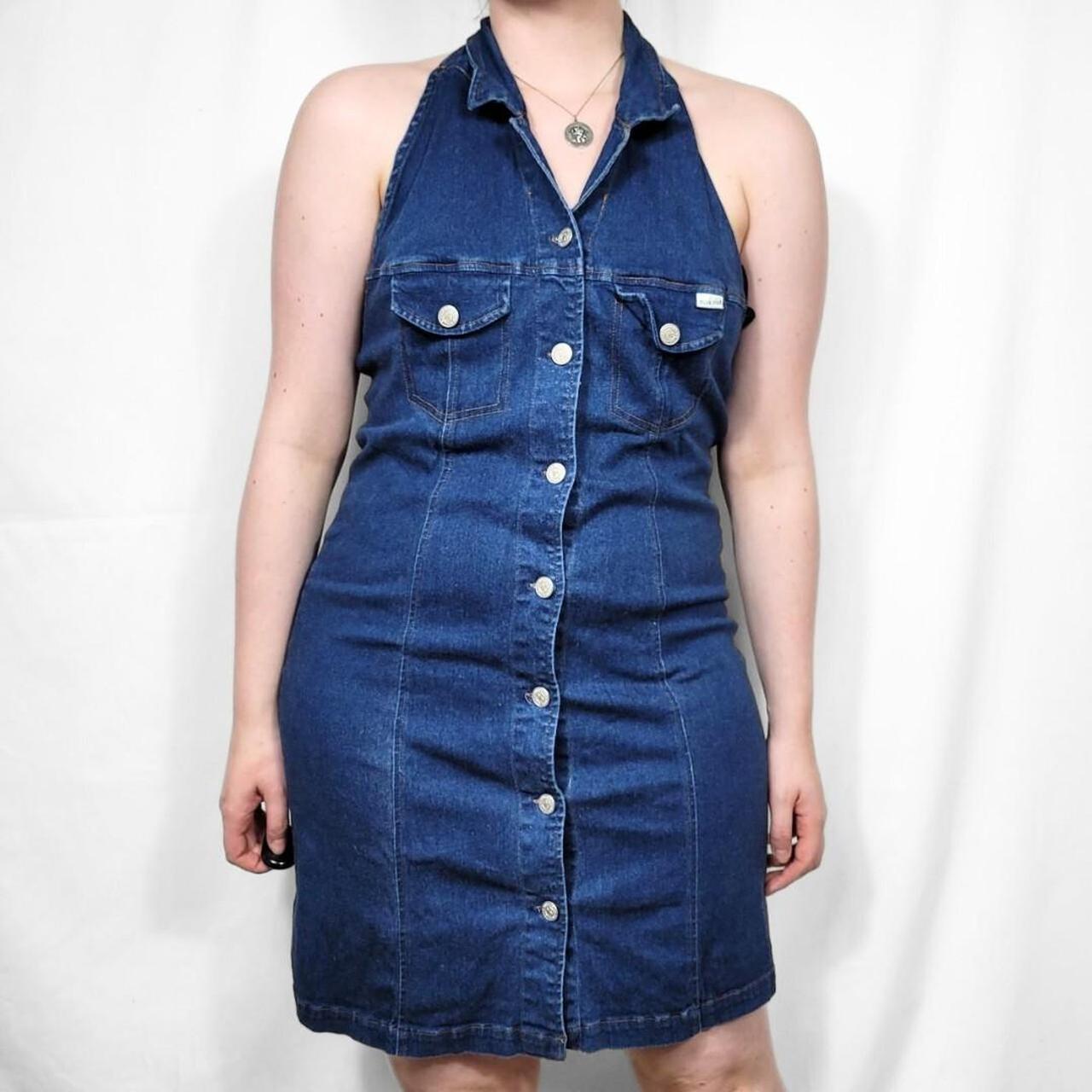 Vintage 90s Denim Halterneck Midi Dress