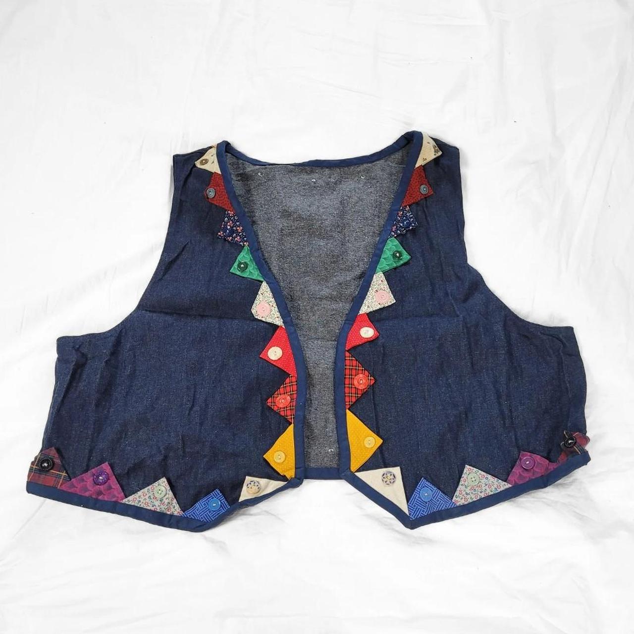 Vintage 90s Denim Waistcoat Vest with Rainbow Triangle Detail