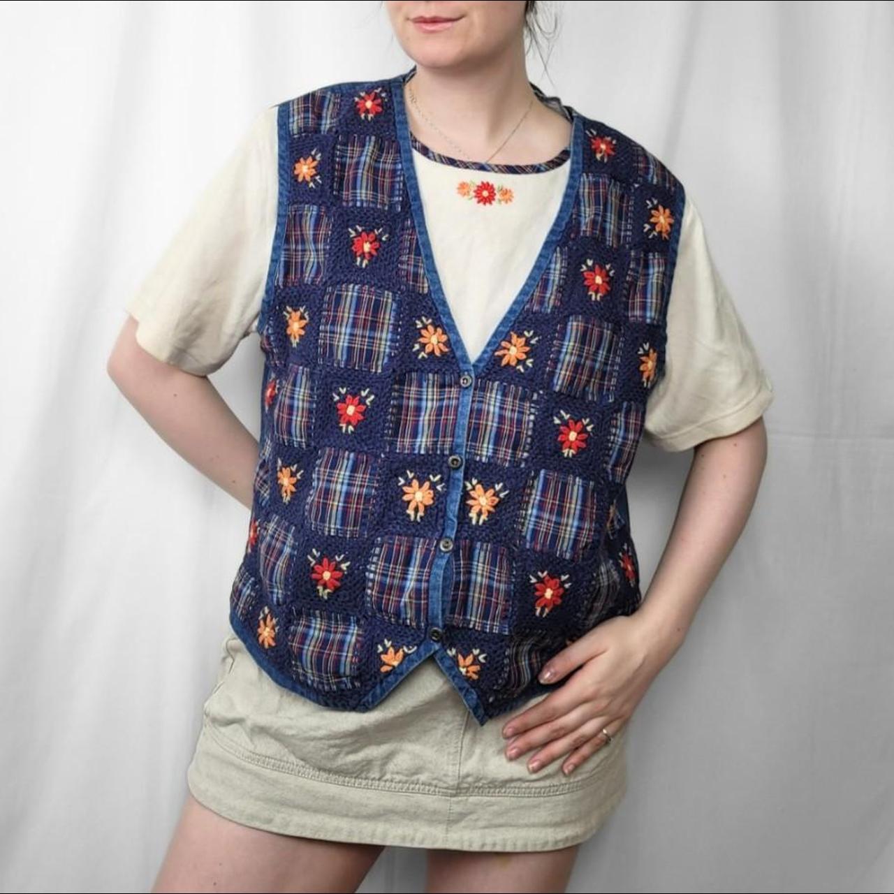 Vintage 90s Denim Waistcoat Vest with Sewn-in T-Shirt and Floral Patchwork Embroidery