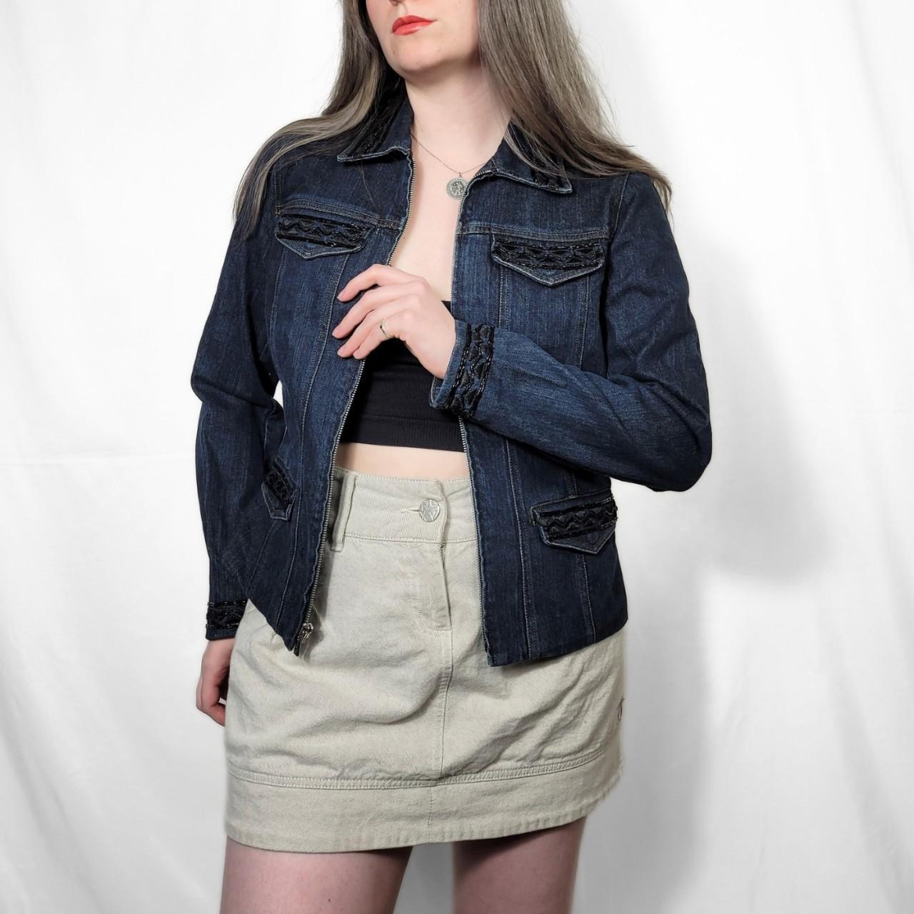 Vintage Y2K Dark Wash Zip Up Denim Jacket With Sequinns